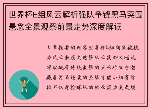 世界杯E组风云解析强队争锋黑马突围悬念全景观察前景走势深度解读