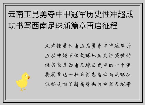 云南玉昆勇夺中甲冠军历史性冲超成功书写西南足球新篇章再启征程