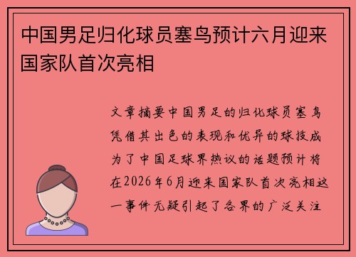 中国男足归化球员塞鸟预计六月迎来国家队首次亮相